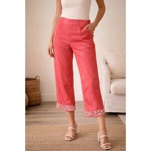 Vision Apparel Pink 100% Silk Sequin Trim Crop Pant Size 10 Straight Leg Trouser